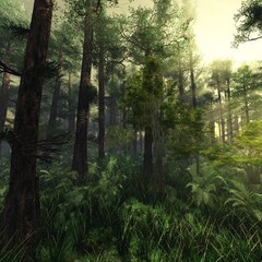 Beautiful forest in the morning in the rays of the rising sun, sunset in the forest, forest in the morning in fog, 3d rendering