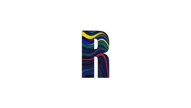 Letter R from animated abstract colorful lines isolated on white background