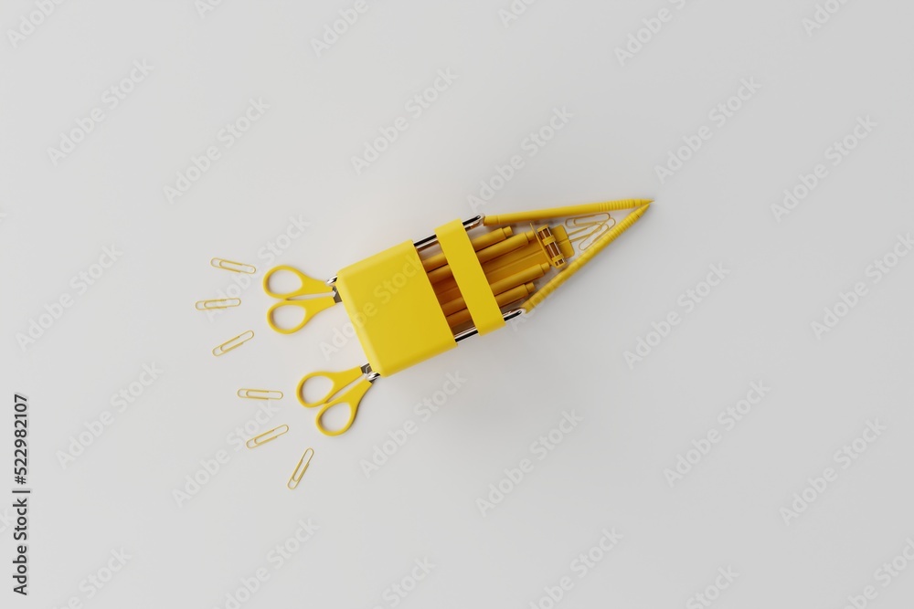 Sticker yellow school supplies forming a racket against a light background. back to school concept. 3d rende