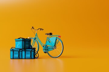 Blue bicycle with a bag with food on a orange background. Concept of food delivery by bicycle, food courier. 3d rendering, 3d illustration.