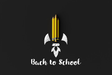 Pencils arranged in the shape of a rocket and outlined with a rocket with the word back to school. Concept for starting school, back to school. 3d rendering, 3d illustration.