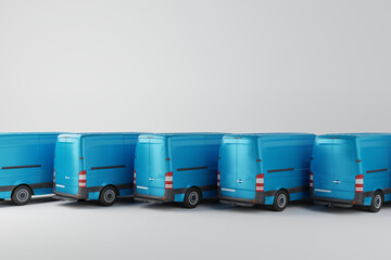 Several van delivery vans on a white background. Concept of delivering products, courier work, rental of vans. 3d render, 3d illustration.