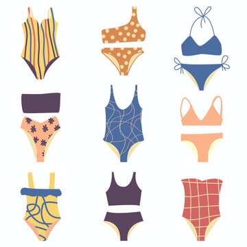 Set of swimsuits. Stylish swimwear design. Various types of woman beach fashion clothes, swimsuit, bikini. Summer items. Cute flat vector illustration, eps 10