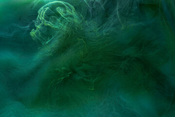 Liquid fluid art abstract background. Blue green acrylic paint underwater, galactic smoke ocean