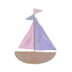 Watercolor illustration of a boat with two sails in pink and lilac on a white background. Isolated illustration of a sailboat in pastel colors for your design.