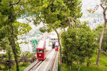 Naklejka na ściany i meble Beautiful view of the funicular at the resort town of Jounieh from Mount Harisa, Lebanon