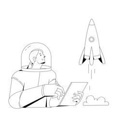 The astronaut controls the rocket on the tablet. Launch of the project.