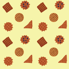 seamless pattern of Belgian waffles in a flat style on a beige background. For wallpaper, wrapping paper, screensavers. Homemade cakes, breakfast