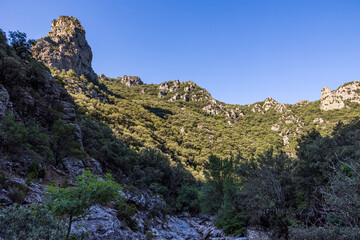 Vue sur les montages autour des Gorges de l'Héric peu après le lever du soleil