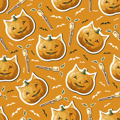 Halloween seamless pattern with pumpkins and marshmallows. Perfect for textile, wallpaper, and print.
