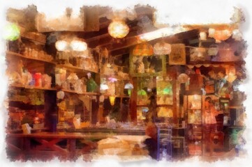 Fototapeta premium Antique shop landscape watercolor style illustration impressionist painting.