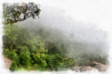 Fototapeta na wymiar landscape of mountains forests trees and fog watercolor style illustration impressionist painting.
