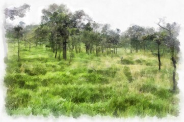 landscape of mountains forests trees and fog watercolor style illustration impressionist painting.