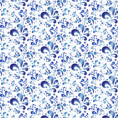 Seamless lace pattern of abstract blue flowers and curls on a white background. Elegant Russian ethnic ornament in vintage style. Romantic design for background and textiles