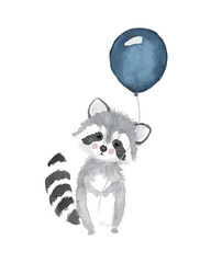child. baby. little raccoon is holding a blue balloon. vector illustration. art, watercolor © Daria Bubnova