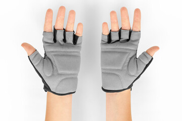 Sports glove without fingers on a female hand. Cycling glove