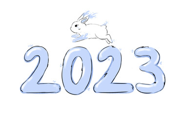 Hand drawn rabbits in minimalism style. Water rabbit symbol of the year 2023. Iluustration for calendar, pattern, gifts. Bunnys with a pencil texture on isolated white background.