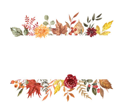 Watercolor frame with fall tree leaves, orange and burgundy flowers, isolated on white background. Autumn botanical border.