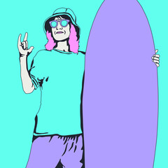 fashion minimal illustration. Stylish surfing girl. Aloha vibes