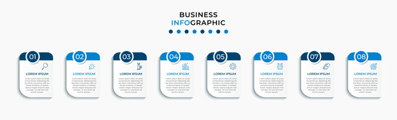Obraz premium Vector Infographic design business template with icons and 8 options or steps. Can be used for process diagram, presentations, workflow layout, banner, flow chart, info graph