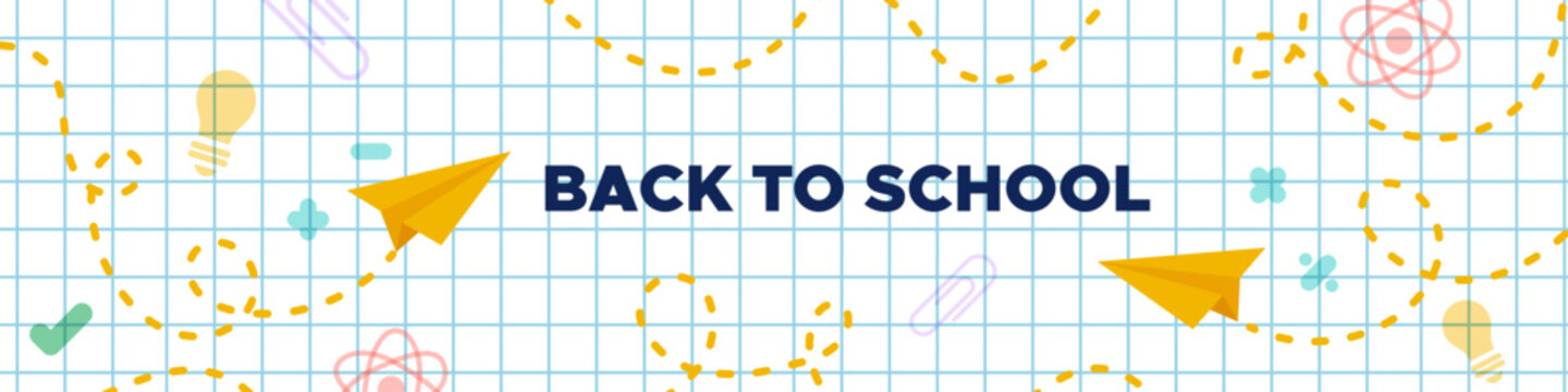 Back to school background. Horizontal banner. Squared paper with paper planes and science symbols. Concept of education. Vector illustration, flat design
