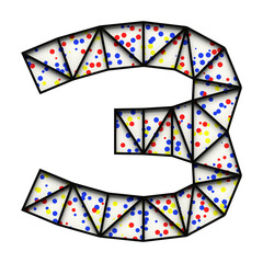 Number 3 made of black metal frame with colored dots, isolated on white, 3d rendering