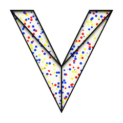 Letter V made of black metal frame with colored dots, isolated on white, 3d rendering