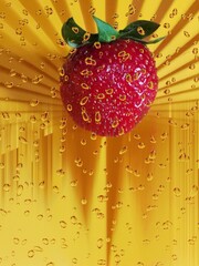 pattern and design from a single bright red ripe strawberry on a vivid yellow plastic tray