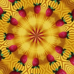 pattern and hexagonal kaleidoscopic design from a single bright red ripe strawberry on a vivid...