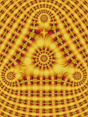 pattern and fractal design from a single bright red ripe strawberry on a vivid yellow plastic tray