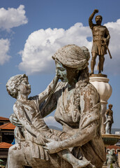 Skopje, North Macedonia, May 16, 2022 - Famous statues line the center of town.