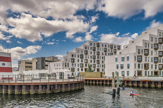 Reconstructed modernized homes in the Odense old harbor, Denmark