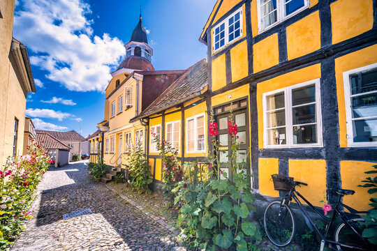 Bell Tower and the old narrow streets in faaborg city, Denmark