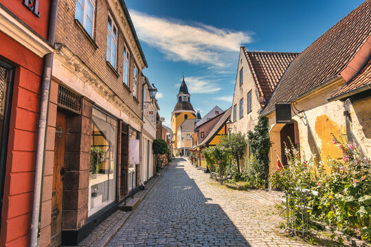 Bell Tower and the old narrow streets in faaborg city, Denmark