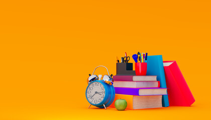 School accessories with apple, books and alarm clock on a colored background . Back to school concept. 3D Rendering,
