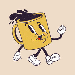 Funny cartoon character. Vector illustration of cup of tea, coffee. Comic element in trendy retro cartoon style.