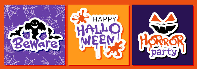 Set of halloween square posters or greeting cards with ghosts, bats and spider webs. Halloween party design in urban graffiti style. Vector illustration