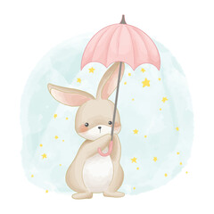 Cute watercolor bunny holding a pink umbrella with stars raining background vector doodle illustration