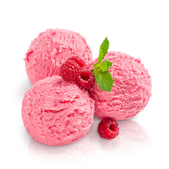 Three scoops of raspberry frozen sweet ice cream or gelato of pink or red colour with fresh ripe berries and green mint leaves isolated on white background with reflection served as refreshing dessert