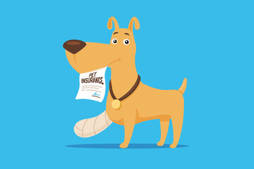 Injured dog holding pet insurance contract in mouth vector cartoon flat illustration