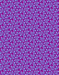 Cute floral decorative pattern with small blue tulip flowers on a purple violet background