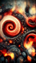 Flaming red hot ammonite fossil pattern wall, surreal solidified magma and glowing lava spiral swirls. Imagination burning bright in this highly detailed 3d digital illustration series. 