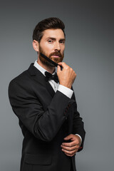 Naklejka premium man in elegant suit brushing beard with comb isolated on grey.