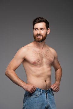 joyful and shirtless man with beard adjusting denim jeans isolated on grey.