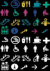 Wayfinding icon set. WC toilet sign. Women, men, mother with baby symbol. Restroom for male, female, disabled. Navigation icons for aeroport, mall, prohibition signs. Vector graphics symbols