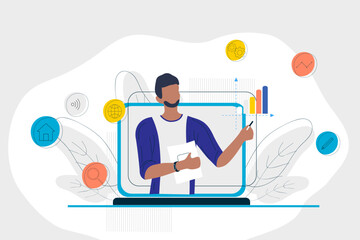 Educational and Self-Development Concept Illustrations. Online education process with teacher. Concept for trainings, seminars, back to school, online courses. Editable vector illustration EPS 10