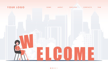 Obraz premium Welcome landing page. The girl sits and holds the letter W in her hands. The initial page for the site. Trend style character. Vector illustration.