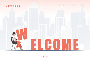 Fototapeta premium Welcome landing page. The girl sits and holds the letter W in her hands. The start page of the site. trendy style. Vector illustration.