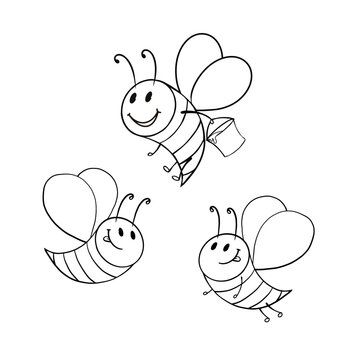 Monochrome picture, bees smiling, collecting honey, carrying a bucket of honey, vector cartoon