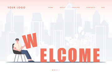 Obraz na płótnie Canvas Welcome landing page. A man sits and holds the letter W in his hands. The start page of the site. Trendy cartoon character. Vector illustration.